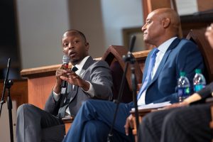 Courtney English, Atlanta board of education chair, left, speaks during a town hall meeting sponsored by Georgia Charter Schools Association and GeorgiaCAN at Ebenezer Baptist Church on Friday, Jan. 13, 2017, in Atlanta. (Branden Camp/AP Images for Georgia Charter Schools Association)