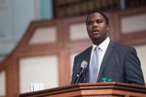 A man introduces the moderator Rashan Ali during a town hall meeting sponsored by Georgia Charter Schools Association and GeorgiaCAN at Ebenezer Baptist Church on Friday, Jan. 13, 2017, in Atlanta. (Branden Camp/AP Images for Georgia Charter Schools Association)