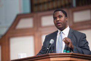 A man introduces the moderator Rashan Ali during a town hall meeting sponsored by Georgia Charter Schools Association and GeorgiaCAN at Ebenezer Baptist Church on Friday, Jan. 13, 2017, in Atlanta. (Branden Camp/AP Images for Georgia Charter Schools Association)