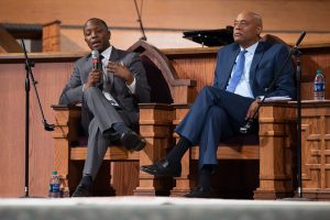 Courtney English, Atlanta board of education chair, left, and Kevin Chavous, national education expert, during a town hall meeting sponsored by Georgia Charter Schools Association and GeorgiaCAN at Ebenezer Baptist Church on Friday, Jan. 13, 2017, in Atlanta. (Branden Camp/AP Images for Georgia Charter Schools Association)