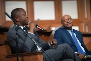 Courtney English, Atlanta board of education chair, left, and Kevin Chavous, national education expert, during a town hall meeting sponsored by Georgia Charter Schools Association and GeorgiaCAN at Ebenezer Baptist Church on Friday, Jan. 13, 2017, in Atlanta. (Branden Camp/AP Images for Georgia Charter Schools Association)