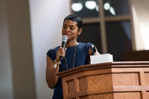 Moderator Rashan Ali during a town hall meeting sponsored by Georgia Charter Schools Association and GeorgiaCAN at Ebenezer Baptist Church on Friday, Jan. 13, 2017, in Atlanta. (Branden Camp/AP Images for Georgia Charter Schools Association)