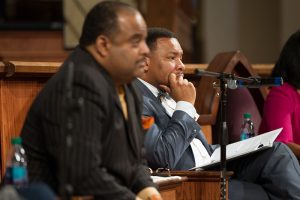 Georgia NAACP president Francys Johnson, right, and Journalist Roland S. Martin listen as people ask questions during a town hall meeting sponsored by Georgia Charter Schools Association and GeorgiaCAN at Ebenezer Baptist Church on Friday, Jan. 13, 2017, in Atlanta. (Branden Camp/AP Images for Georgia Charter Schools Association)