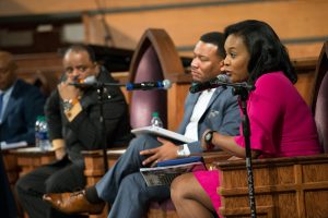 Terra Walker, director of school operations KIPP STRIVE Primary School, talks during a town hall meeting sponsored by Georgia Charter Schools Association and GeorgiaCAN at Ebenezer Baptist Church on Friday, Jan. 13, 2017, in Atlanta. (Branden Camp/AP Images for Georgia Charter Schools Association)