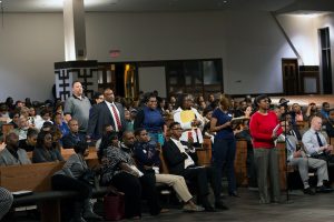 People line up to ask questions during a town hall meeting sponsored by Georgia Charter Schools Association and GeorgiaCAN at Ebenezer Baptist Church on Friday, Jan. 13, 2017, in Atlanta. (Branden Camp/AP Images for Georgia Charter Schools Association)