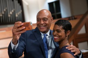 Kevin Chavous, national education expert, and Rashan Ali take a selfie following a town hall meeting sponsored by Georgia Charter Schools Association and GeorgiaCAN at Ebenezer Baptist Church on Friday, Jan. 13, 2017, in Atlanta. (Branden Camp/AP Images for Georgia Charter Schools Association)