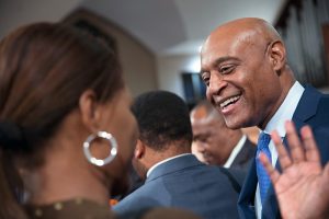 Kevin Chavous, national education expert, talks with guest following a town hall meeting sponsored by Georgia Charter Schools Association and GeorgiaCAN at Ebenezer Baptist Church on Friday, Jan. 13, 2017, in Atlanta. (Branden Camp/AP Images for Georgia Charter Schools Association)