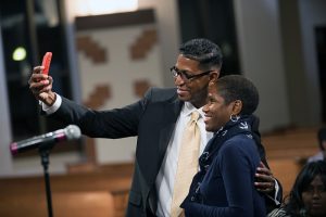 People take a selfie before a town hall meeting sponsored by Georgia Charter Schools Association and GeorgiaCAN at Ebenezer Baptist Church on Friday, Jan. 13, 2017, in Atlanta. (Branden Camp/AP Images for Georgia Charter Schools Association)